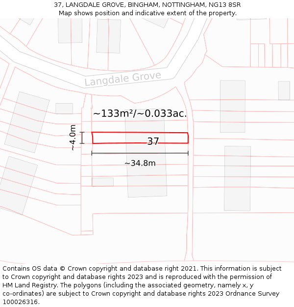 37, LANGDALE GROVE, BINGHAM, NOTTINGHAM, NG13 8SR: Plot and title map