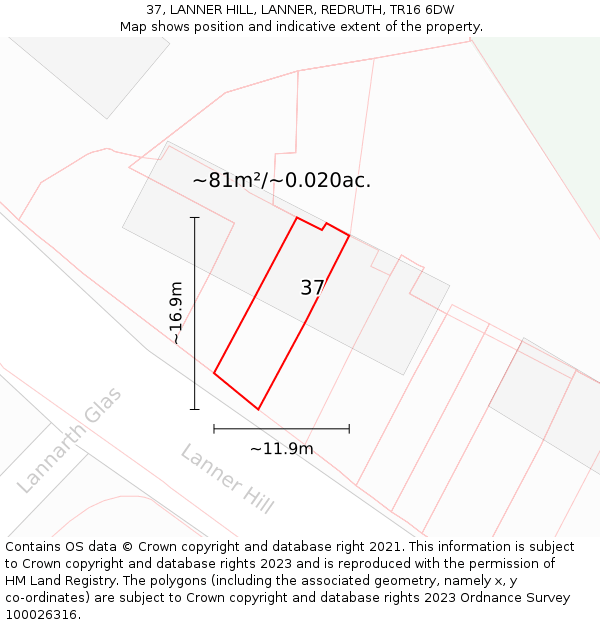 37, LANNER HILL, LANNER, REDRUTH, TR16 6DW: Plot and title map