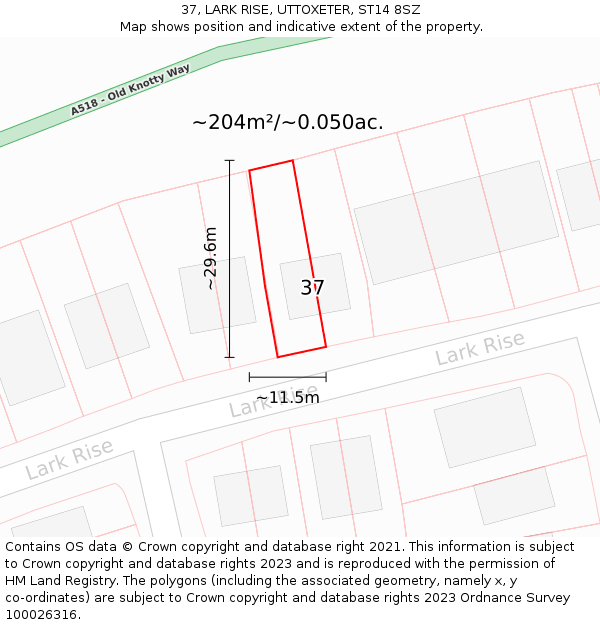 37, LARK RISE, UTTOXETER, ST14 8SZ: Plot and title map