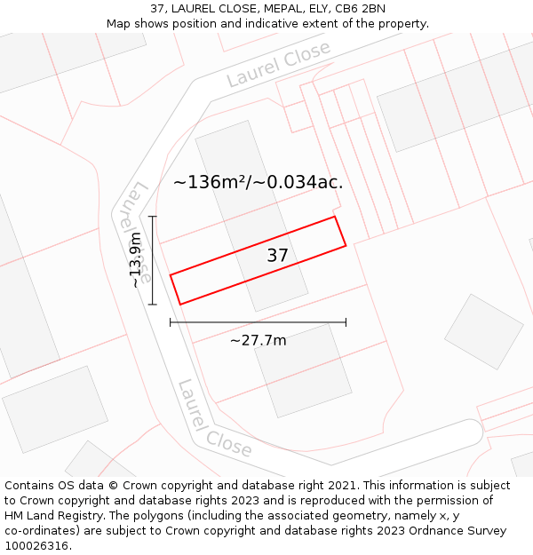 37, LAUREL CLOSE, MEPAL, ELY, CB6 2BN: Plot and title map