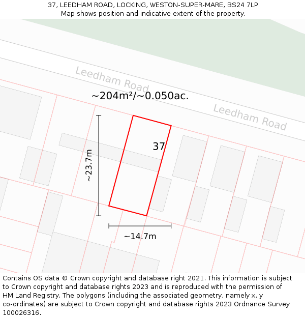 37, LEEDHAM ROAD, LOCKING, WESTON-SUPER-MARE, BS24 7LP: Plot and title map