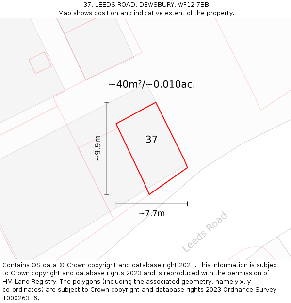 37, LEEDS ROAD, DEWSBURY, WF12 7BB: Plot and title map