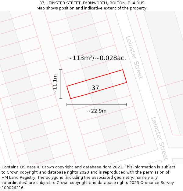 37, LEINSTER STREET, FARNWORTH, BOLTON, BL4 9HS: Plot and title map