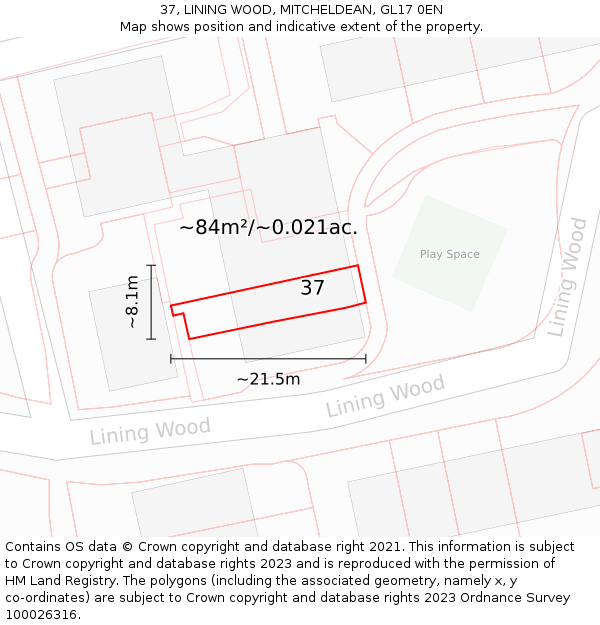 37, LINING WOOD, MITCHELDEAN, GL17 0EN: Plot and title map