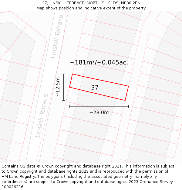 37, LINSKILL TERRACE, NORTH SHIELDS, NE30 2EN: Plot and title map