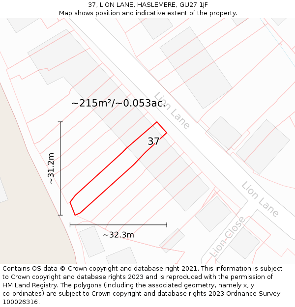 37, LION LANE, HASLEMERE, GU27 1JF: Plot and title map