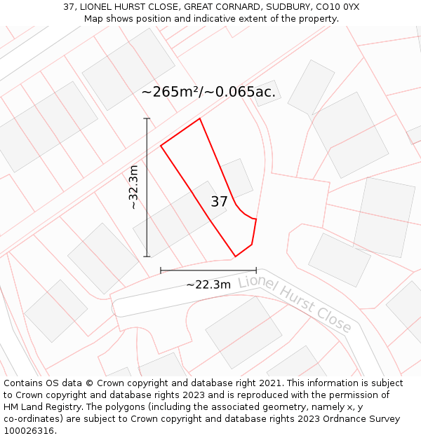 37, LIONEL HURST CLOSE, GREAT CORNARD, SUDBURY, CO10 0YX: Plot and title map