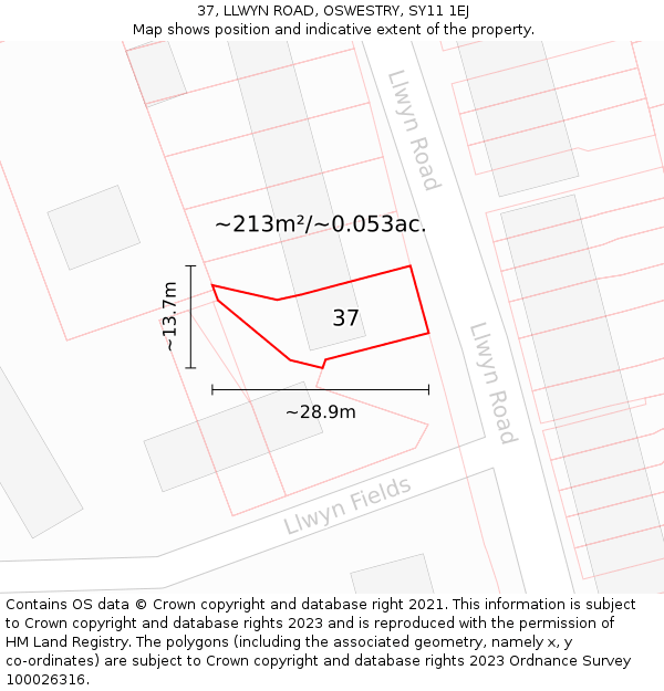 37, LLWYN ROAD, OSWESTRY, SY11 1EJ: Plot and title map