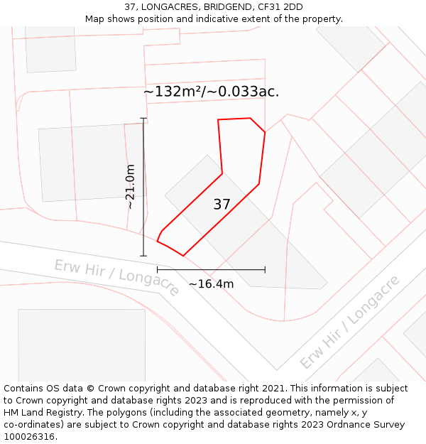 37, LONGACRES, BRIDGEND, CF31 2DD: Plot and title map