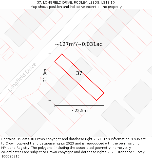 37, LONGFIELD DRIVE, RODLEY, LEEDS, LS13 1JX: Plot and title map