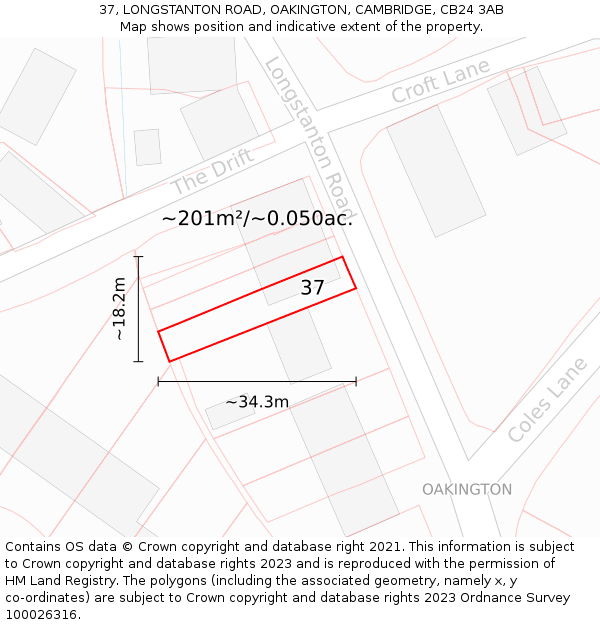 37, LONGSTANTON ROAD, OAKINGTON, CAMBRIDGE, CB24 3AB: Plot and title map