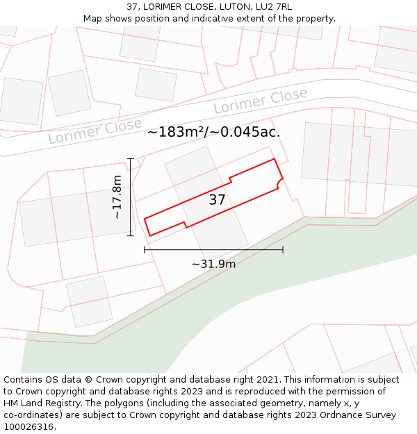 37, LORIMER CLOSE, LUTON, LU2 7RL: Plot and title map