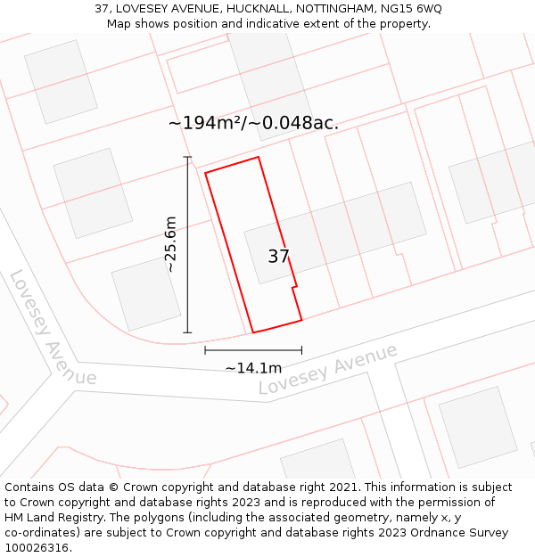 37, LOVESEY AVENUE, HUCKNALL, NOTTINGHAM, NG15 6WQ: Plot and title map