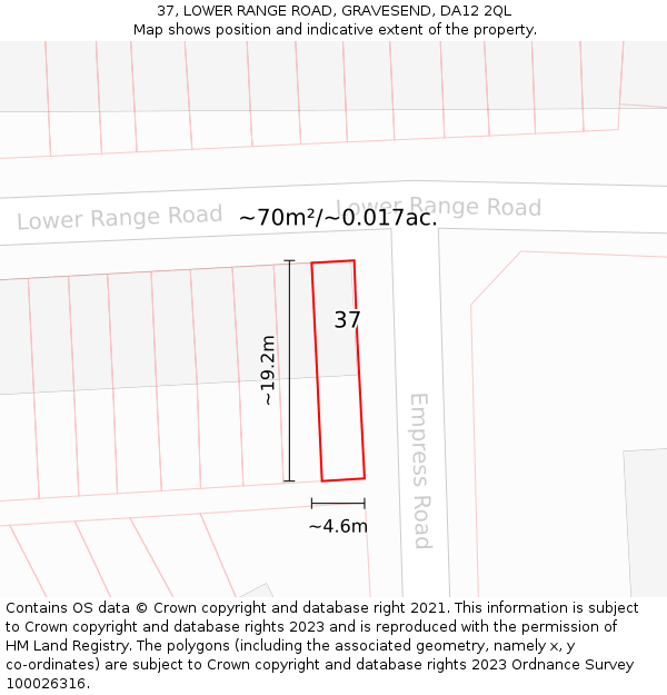 37, LOWER RANGE ROAD, GRAVESEND, DA12 2QL: Plot and title map