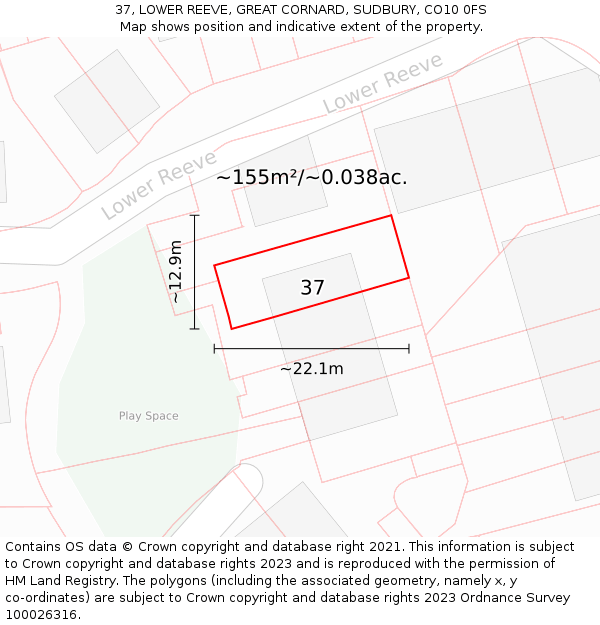 37, LOWER REEVE, GREAT CORNARD, SUDBURY, CO10 0FS: Plot and title map