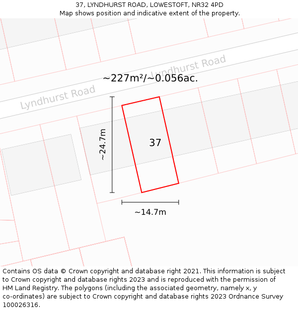 37, LYNDHURST ROAD, LOWESTOFT, NR32 4PD: Plot and title map