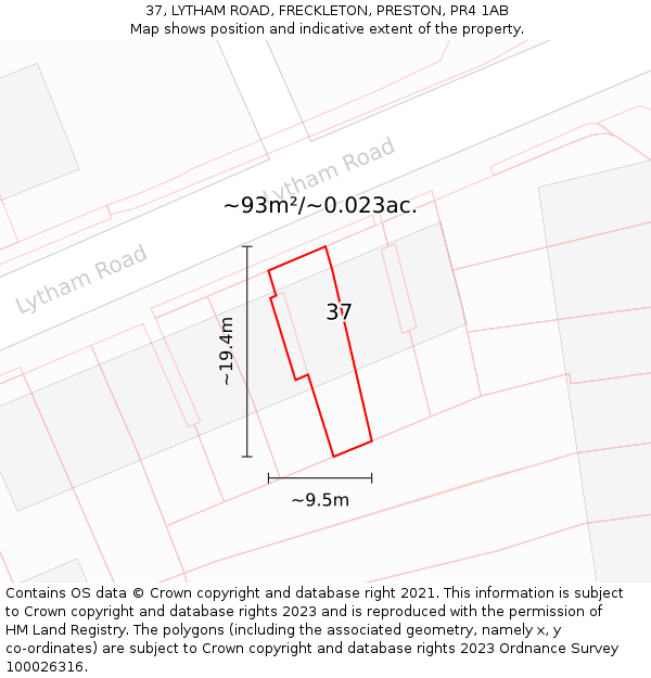 37, LYTHAM ROAD, FRECKLETON, PRESTON, PR4 1AB: Plot and title map