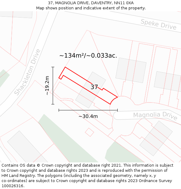 37, MAGNOLIA DRIVE, DAVENTRY, NN11 0XA: Plot and title map