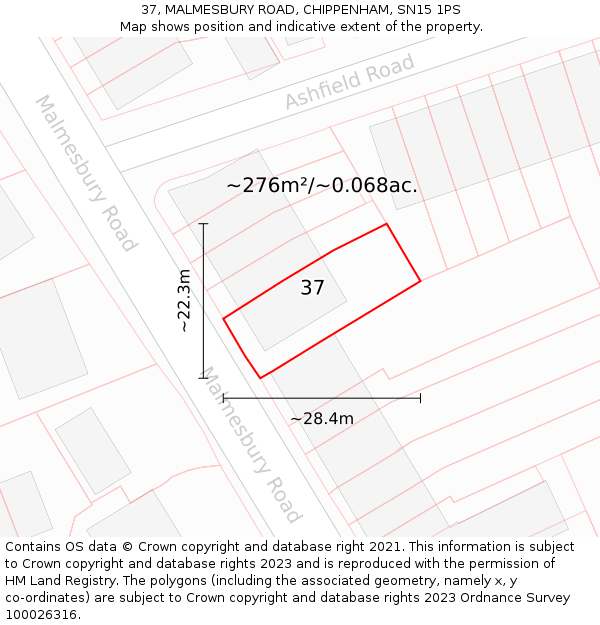 37, MALMESBURY ROAD, CHIPPENHAM, SN15 1PS: Plot and title map