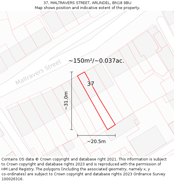 37, MALTRAVERS STREET, ARUNDEL, BN18 9BU: Plot and title map