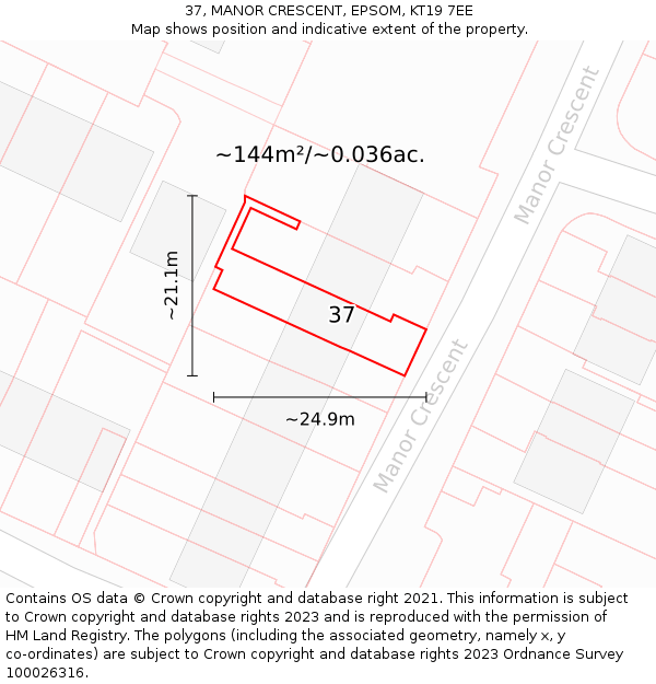 37, MANOR CRESCENT, EPSOM, KT19 7EE: Plot and title map