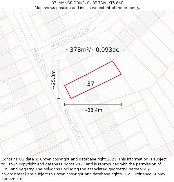 37, MANOR DRIVE, SURBITON, KT5 8NF: Plot and title map