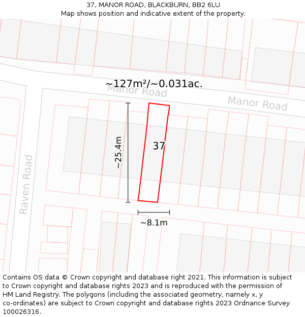 37, MANOR ROAD, BLACKBURN, BB2 6LU: Plot and title map