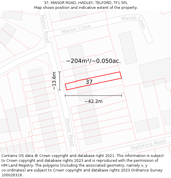 37, MANOR ROAD, HADLEY, TELFORD, TF1 5PL: Plot and title map
