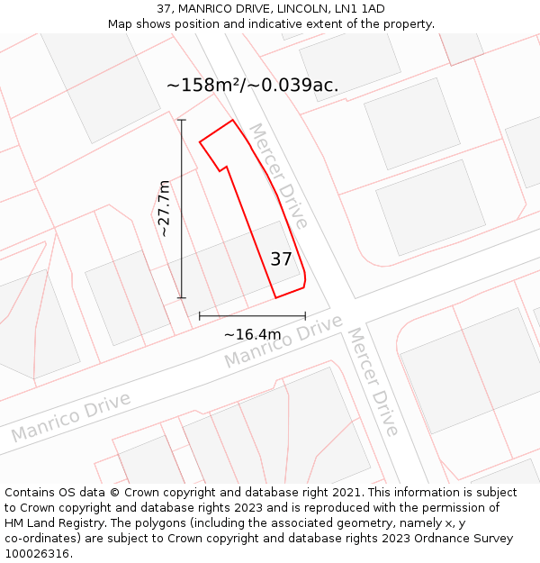 37, MANRICO DRIVE, LINCOLN, LN1 1AD: Plot and title map