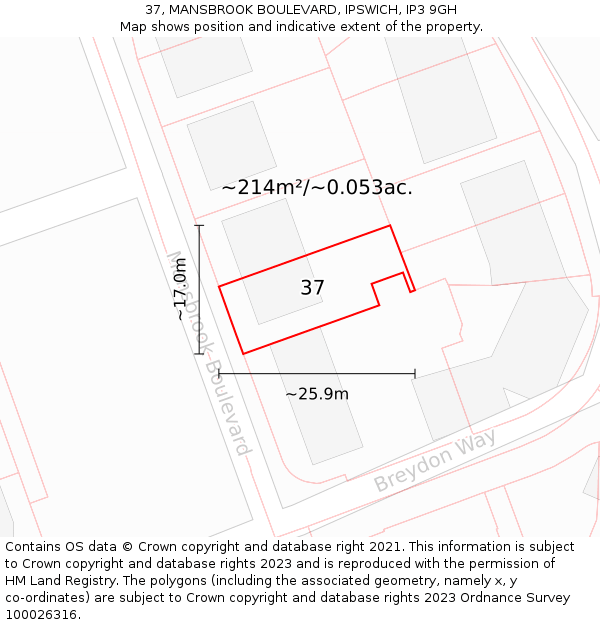 37, MANSBROOK BOULEVARD, IPSWICH, IP3 9GH: Plot and title map