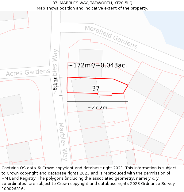 37, MARBLES WAY, TADWORTH, KT20 5LQ: Plot and title map