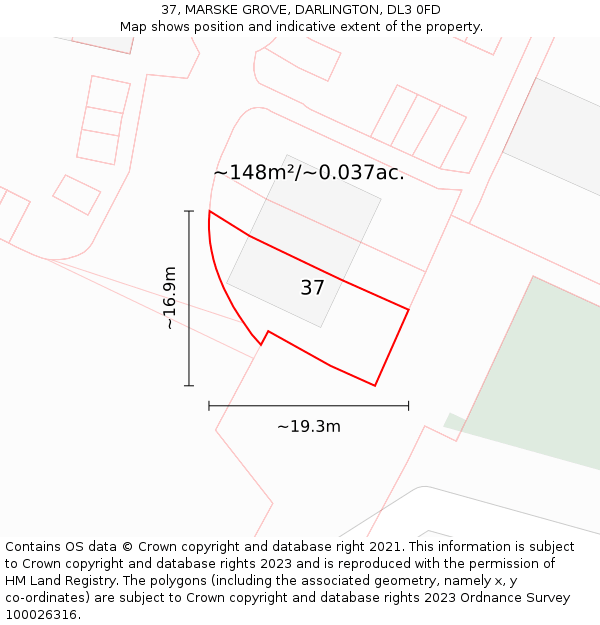 37, MARSKE GROVE, DARLINGTON, DL3 0FD: Plot and title map