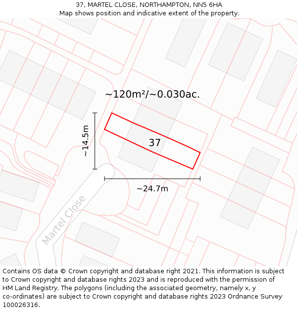 37, MARTEL CLOSE, NORTHAMPTON, NN5 6HA: Plot and title map