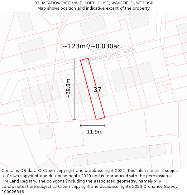 37, MEADOWGATE VALE, LOFTHOUSE, WAKEFIELD, WF3 3SP: Plot and title map