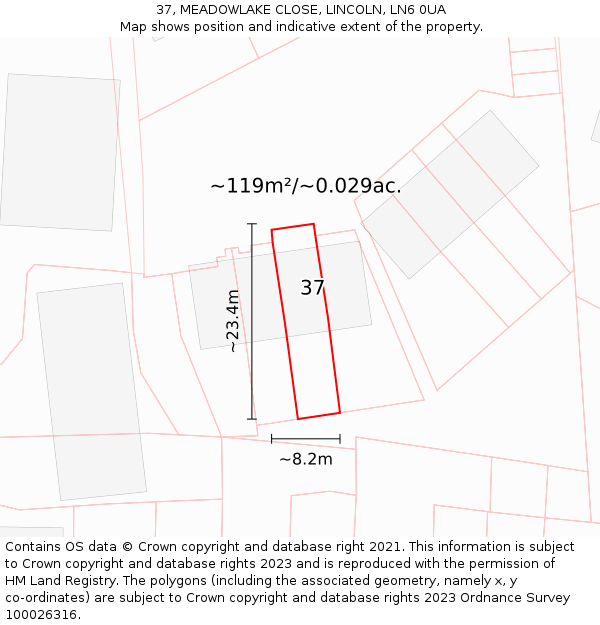 37, MEADOWLAKE CLOSE, LINCOLN, LN6 0UA: Plot and title map