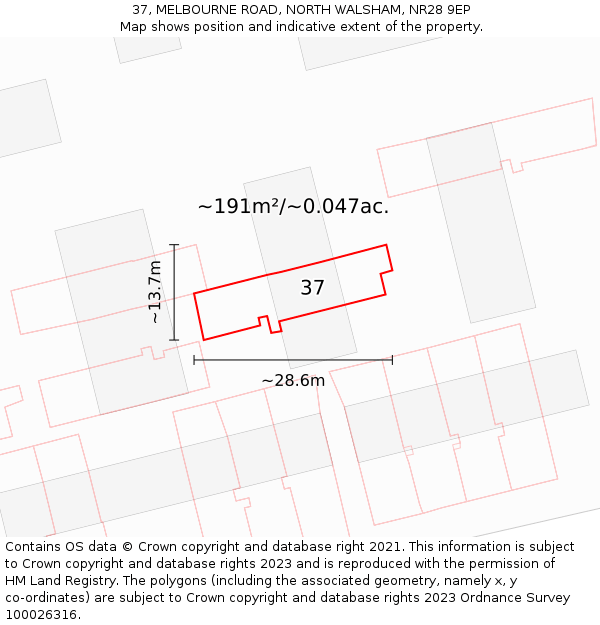 37, MELBOURNE ROAD, NORTH WALSHAM, NR28 9EP: Plot and title map