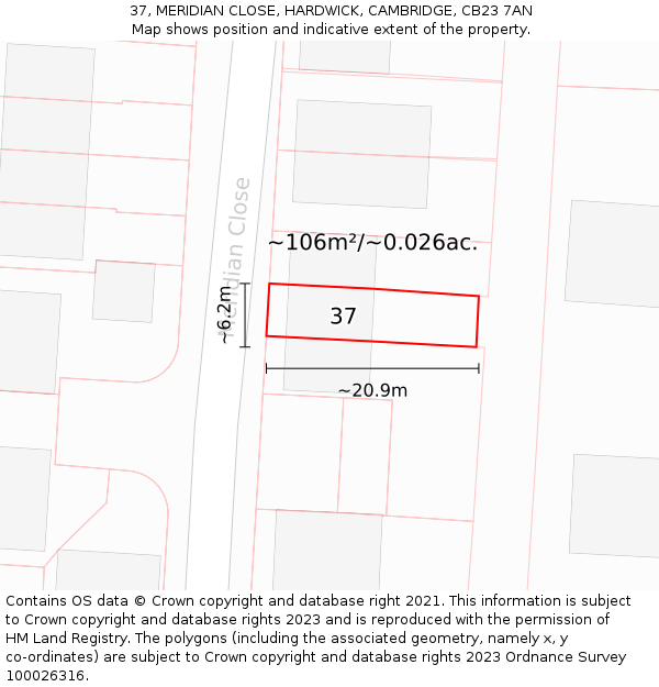 37, MERIDIAN CLOSE, HARDWICK, CAMBRIDGE, CB23 7AN: Plot and title map
