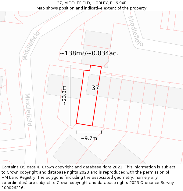 37, MIDDLEFIELD, HORLEY, RH6 9XP: Plot and title map