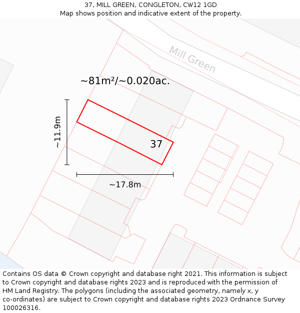 37, MILL GREEN, CONGLETON, CW12 1GD: Plot and title map