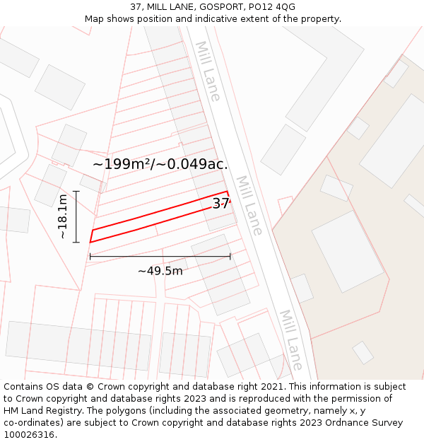 37, MILL LANE, GOSPORT, PO12 4QG: Plot and title map