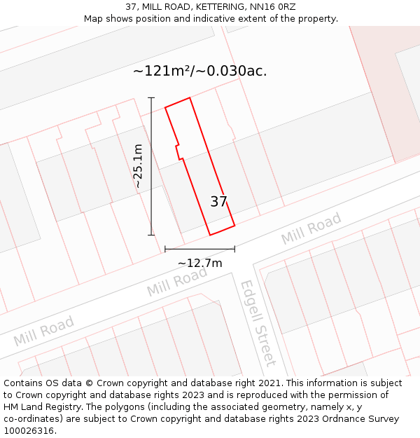 37, MILL ROAD, KETTERING, NN16 0RZ: Plot and title map