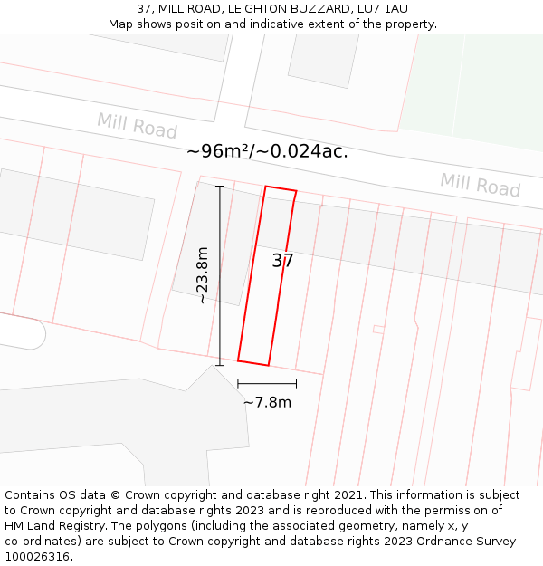 37, MILL ROAD, LEIGHTON BUZZARD, LU7 1AU: Plot and title map