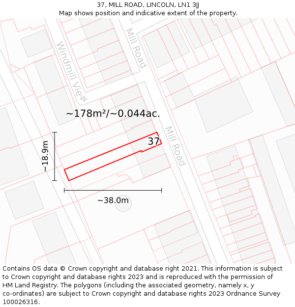 37, MILL ROAD, LINCOLN, LN1 3JJ: Plot and title map