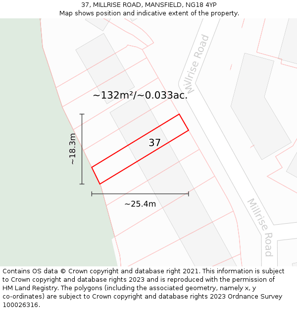 37, MILLRISE ROAD, MANSFIELD, NG18 4YP: Plot and title map