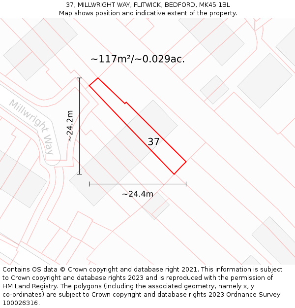 37, MILLWRIGHT WAY, FLITWICK, BEDFORD, MK45 1BL: Plot and title map