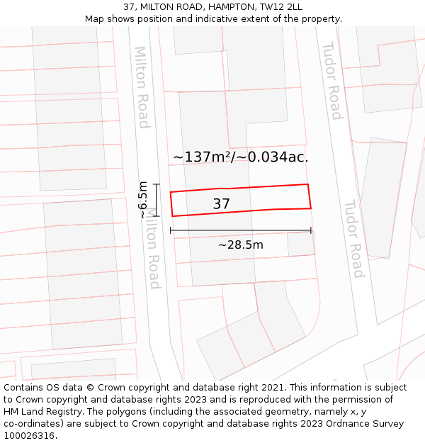 37, MILTON ROAD, HAMPTON, TW12 2LL: Plot and title map