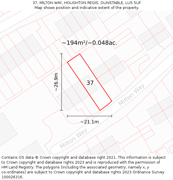 37, MILTON WAY, HOUGHTON REGIS, DUNSTABLE, LU5 5UF: Plot and title map