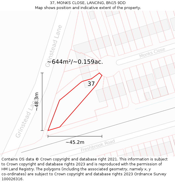 37, MONKS CLOSE, LANCING, BN15 9DD: Plot and title map