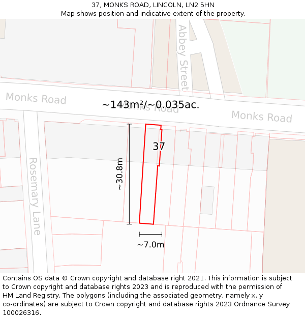 37, MONKS ROAD, LINCOLN, LN2 5HN: Plot and title map