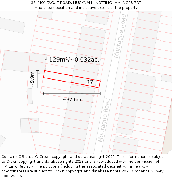 37, MONTAGUE ROAD, HUCKNALL, NOTTINGHAM, NG15 7DT: Plot and title map